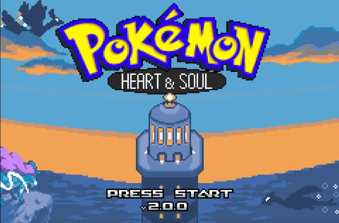 Pokemon Heart & Soul v2.0 title screen with a lighthouse between an orange sky and blue sea